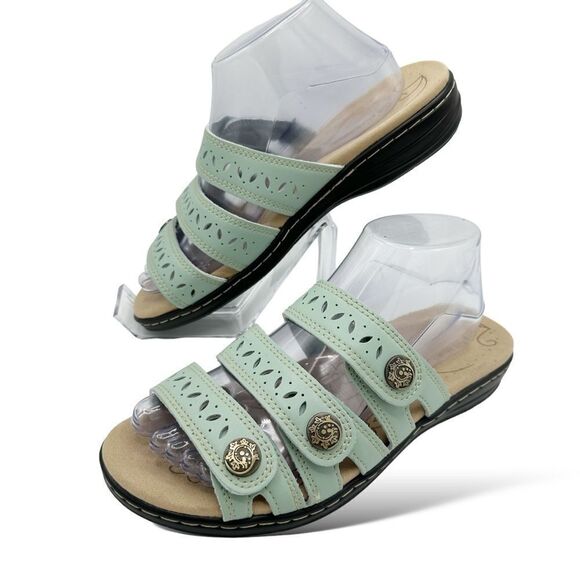 Hueneph Women's Comfort Leather Slides Lightweight Flat Sandals Slip On Casual - Picture 1 of 11